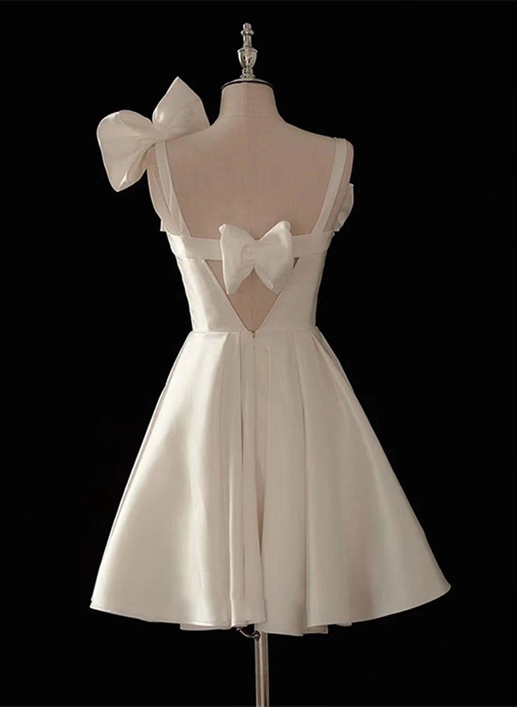 Cute Short White Satin Knee Length Party Dress with Bow, White Graduation Homecoming Dress     cg25048