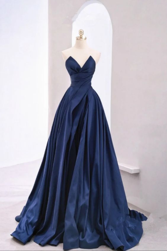 Dark Blue Satin Strapless Prom Dress     cg25040