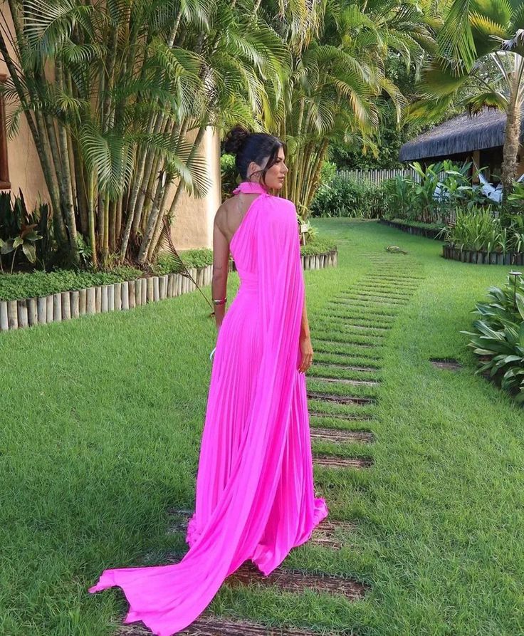 Fuchsia One Shoulder Prom Dress With Draped Sleeves Halter Neck Formal Party Gown Evening Dress    cg25126