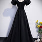 Black Satin Floor Length Prom Dress, Simple Black Short Sleeve Evening Dress     cg25039