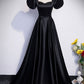 Black Satin Floor Length Prom Dress, Simple Black Short Sleeve Evening Dress     cg25039