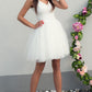 White v neck tulle short dress, homecoming dress cg3030