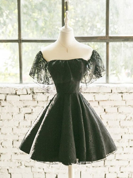 Black Off Shoulder Lace Sweetheart Lovely Short Homecoming Dress, Black Party Dress       cg25022