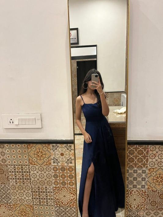 Navy Blue Evening Dresses Long Prom Gown With Slit     cg25158