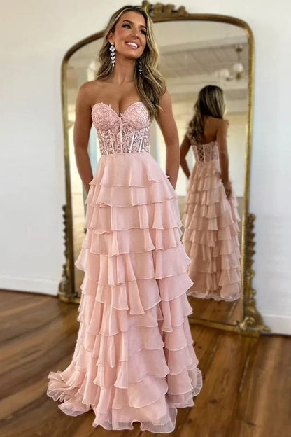 Lace Up Long Tiered Chiffon Prom Dress With Slit       cg25144