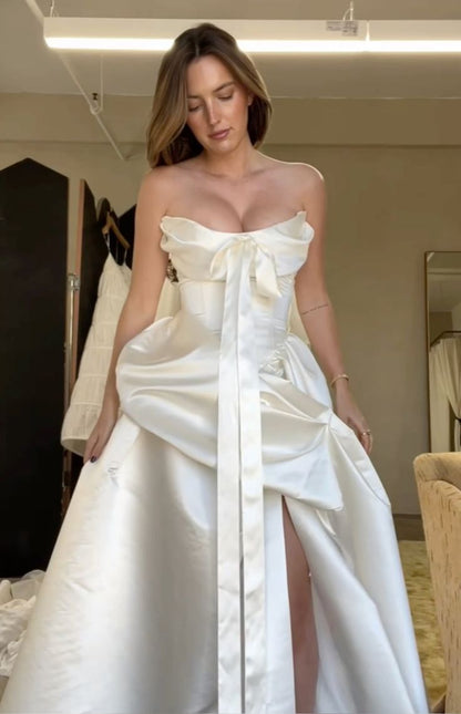 Strapless satin long wedding dress unique bridal gown     cg25385