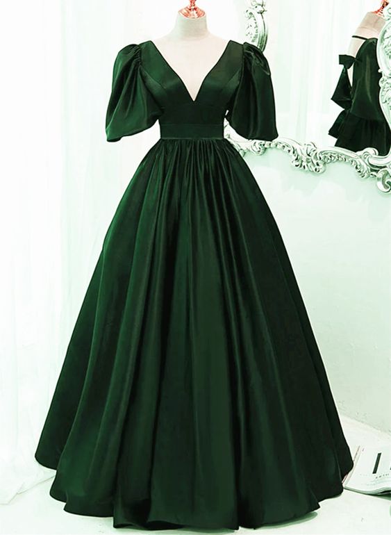 Green Satin Short Sleeves Long Party Dress, Green Floor Length Evening Dress Prom Dress   cg25042