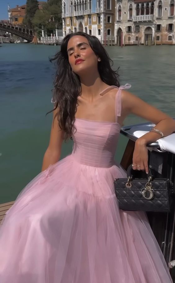 Simple Pink Tulle Prom Dress Spaghetti Straps Tea Length Evening Gown Graduation Guest Dress      cg25142