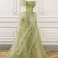 A-Line Off Shoulder Tulle Lace Green Long Prom Dress, Green Long Graduation Dress    cg25025