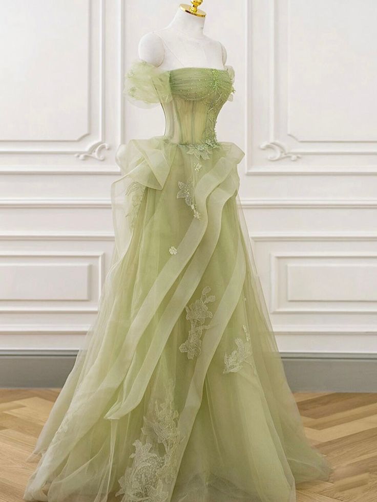 A-Line Off Shoulder Tulle Lace Green Long Prom Dress, Green Long Graduation Dress    cg25025