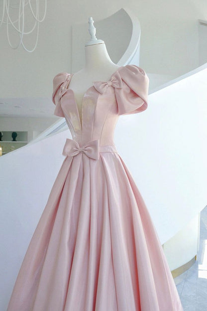 Pink Satin Long Prom Dress, A-Line Evening Dress with Bow     cg25017