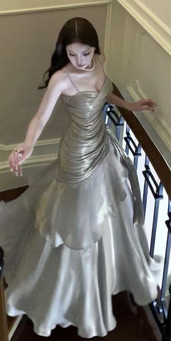 Sliver Grey Satin Straps Long Formal Gown, Cute Long Prom Dress      cg25173