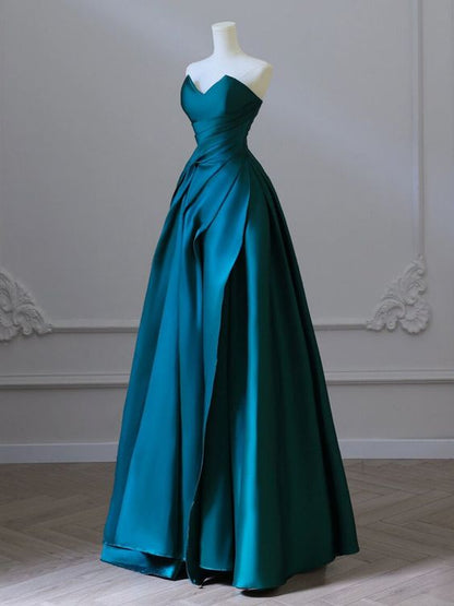 A-Line Strapless Satin Peacock Blue Long Prom Dress, Simple Peacock Blue Evening Dress     cg25016