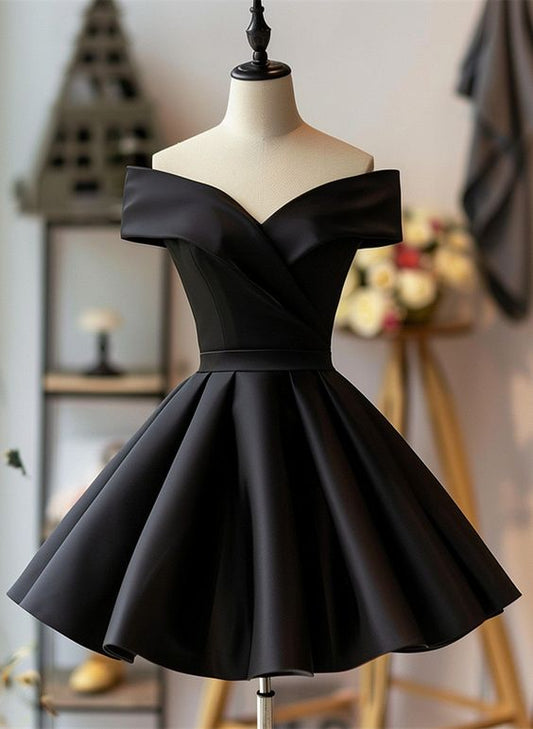 Black Satin Off Shoulder Knee Length Homecoming Dress, Black Party Dress       cg25089