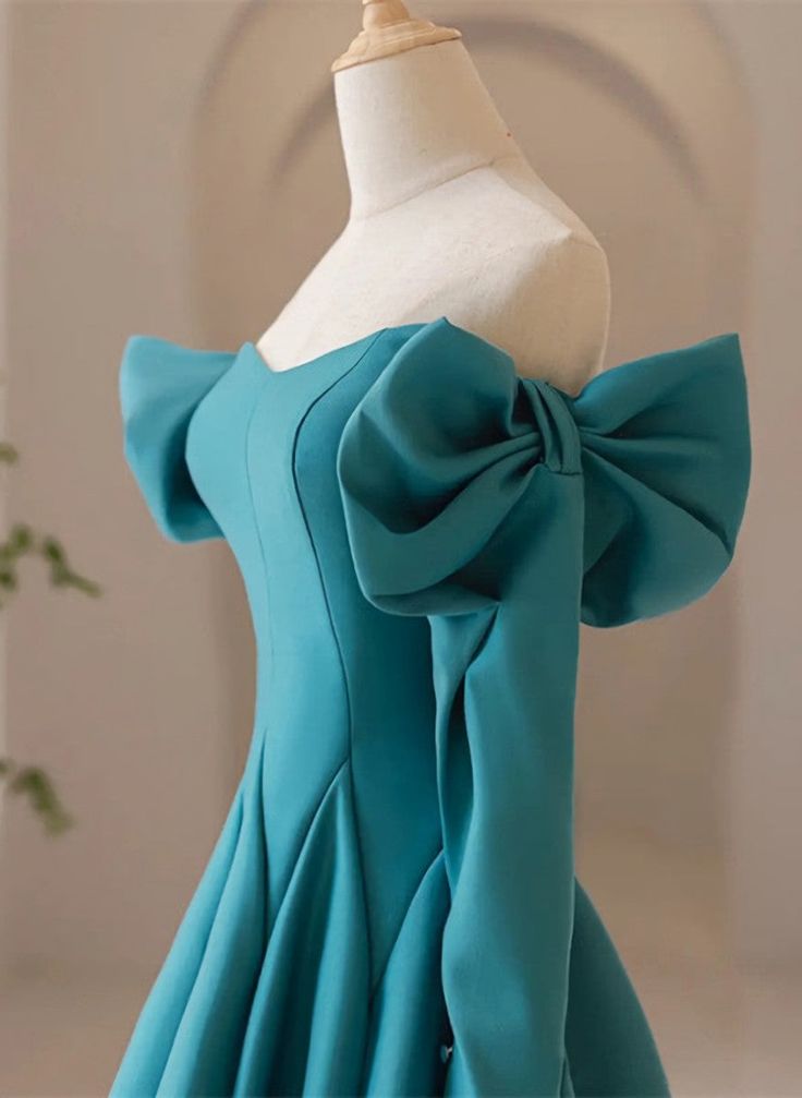 Teal Blue Long Sleeves with Bow A-line Sweetheart Prom Dress, Teal Blue Evening Dress     cg25044