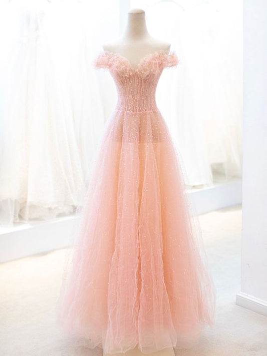 Pink Tulle Sequins Long Prom Dress, A-Line Lovely Evening Party Dress     cg25118