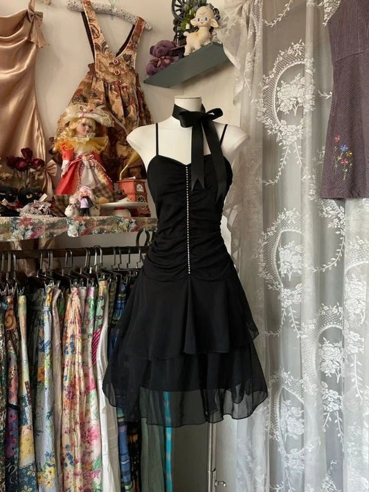 Vintage black short party dress chiffon homecoming dress    cg25387