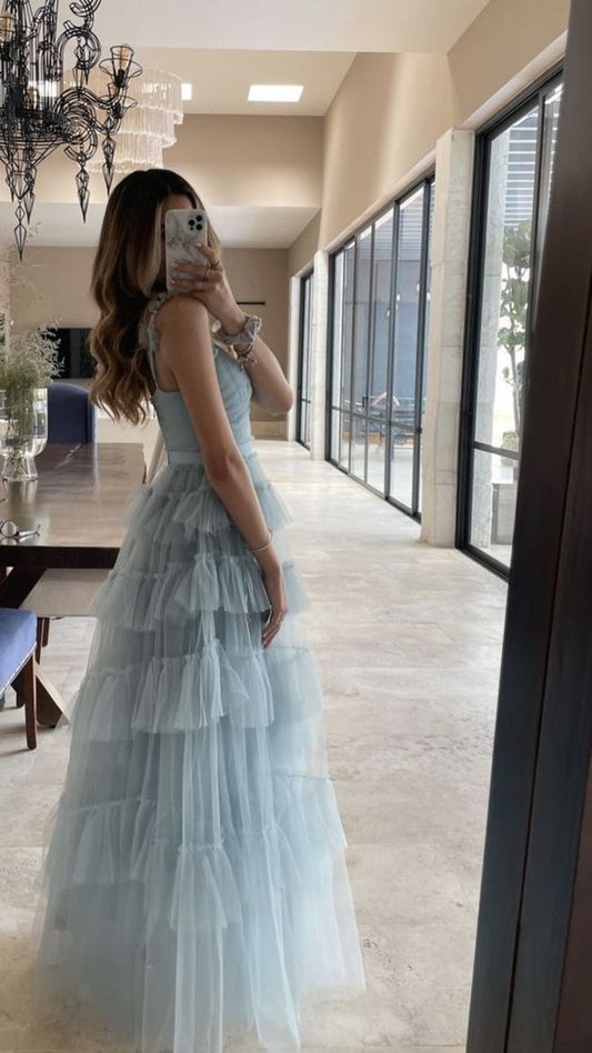 Sweet Light Blue Tulle Prom Dresses,Ruffles Pleated Baby Blue Evening Formal Gown     cg25072