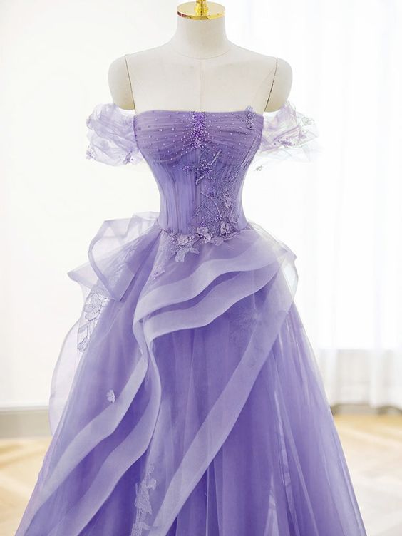 A-Line Off Shoulder Tulle Lace Purple Long Prom Dress, Purple Lace Long Formal Dress    cg25024