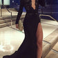 Modest Black Prom Dress Plunging V Neck Long Sleeves Mermaid Party Gowns Long Prom Dress  cg16947