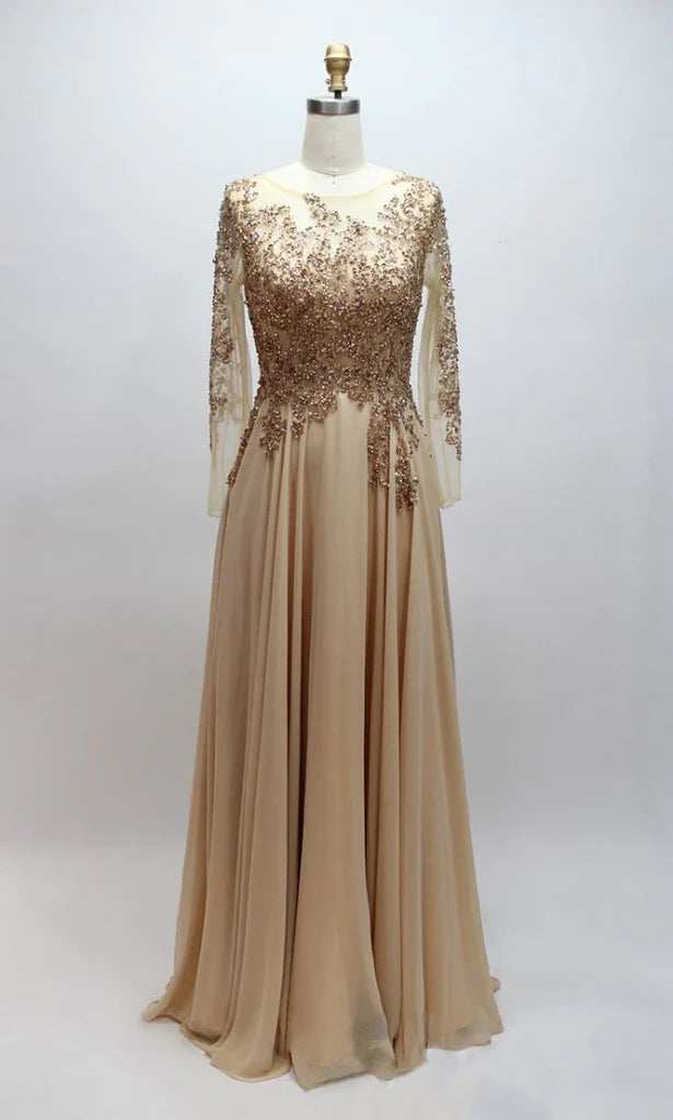 A-line Scoop neck Chiffon with Beaded Long Sleeves  Prom Dresses    cg20112