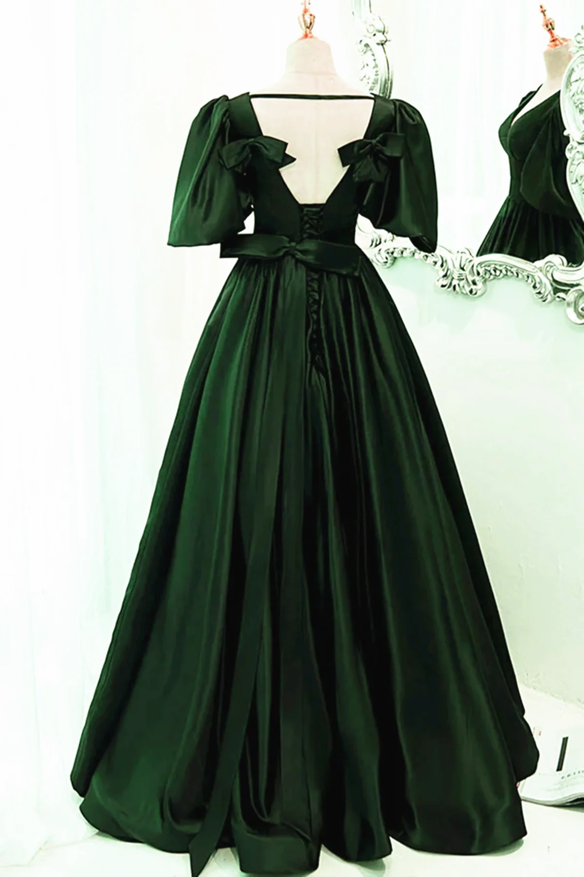 Green Satin Short Sleeves Long Party Dress, Green Floor Length Evening Dress Prom Dress   cg25042