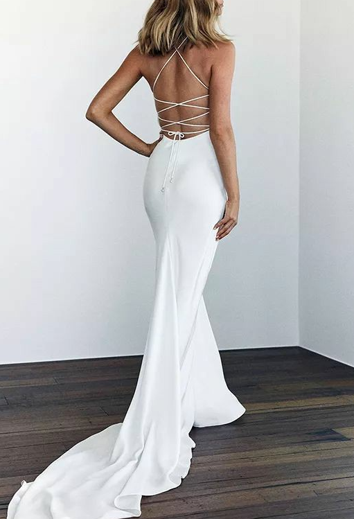 White Mermaid Long Prom Dress, Backless Prom Dress   cg15310