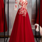 New Arrivals Burgundy Tulle 3/4 Sleeves Round Neck Lace Up Prom Dress With Applique  cg6539