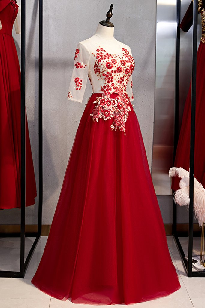 New Arrivals Burgundy Tulle 3/4 Sleeves Round Neck Lace Up Prom Dress With Applique  cg6539