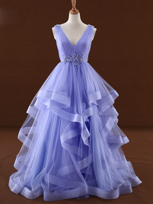 Lavender Tulle V-Neckline Layers Long Sweet 16 Dress, Light Purple Prom Dress Party Dress   cg19681