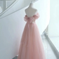 Pink Tulle Scoop A-line Floor Length Party Dress, Pink Off Shoulder Formal Dress Prom Dress    cg25013