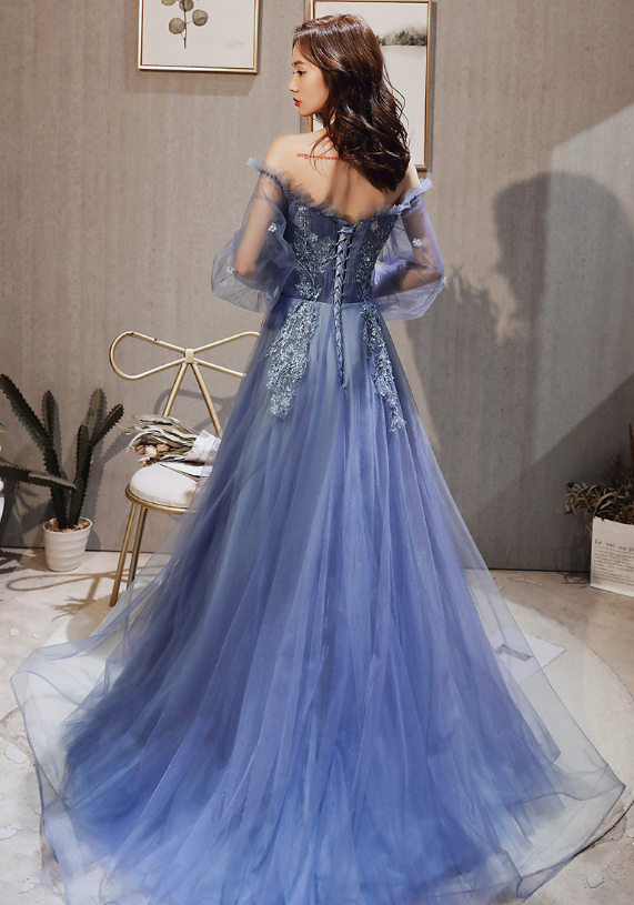 Blue Purple Tulle Long Sleeves Lace Applique Formal Gown, Blue-Purple Evening Dress Prom Dress    cg21874