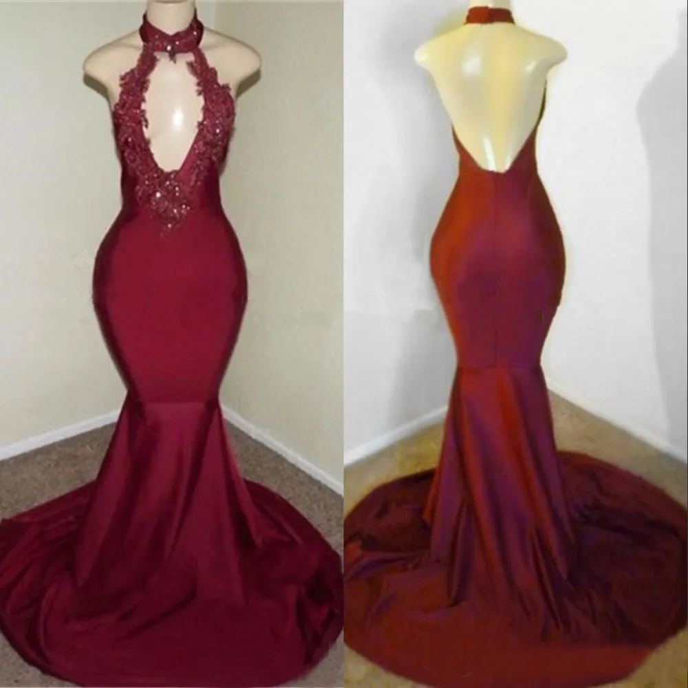 Burgundy Halter Appliques Backless Sexy Mermaid Prom Dresses  cg8808