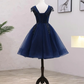 Navy Blue Tulle Beaded Knee Length Cap Sleeves Prom Dress, Blue Homecoming Dress      cg25019