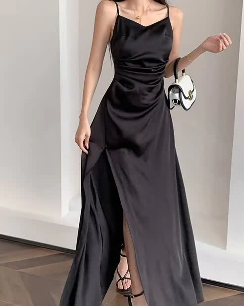 Spaghetti Straps Black A Line Satin Long Prom Dresses With Slit     cg25032