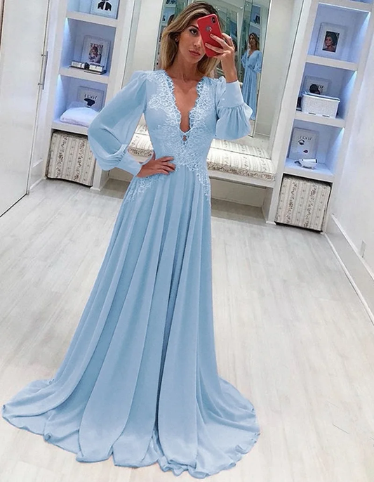 Blue Chiffon Prom Dress , Long Sleeves Prom Dress   cg15525