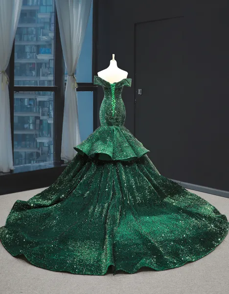 Green Mermaid Sequins Off the Shoulder Luxury Prom Dress With Train    cg20312