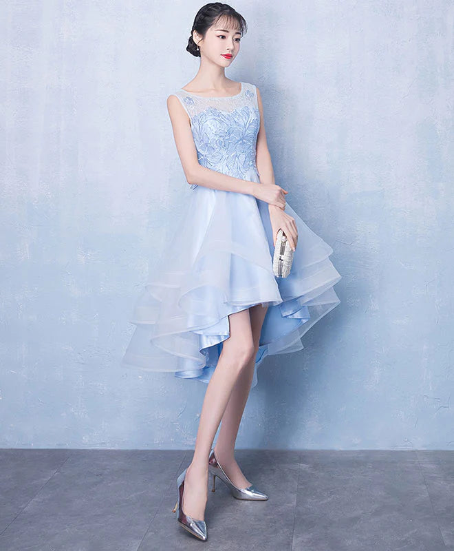 Blue tulle high low lace dress, blue tulle lace homecoming dress cg2047