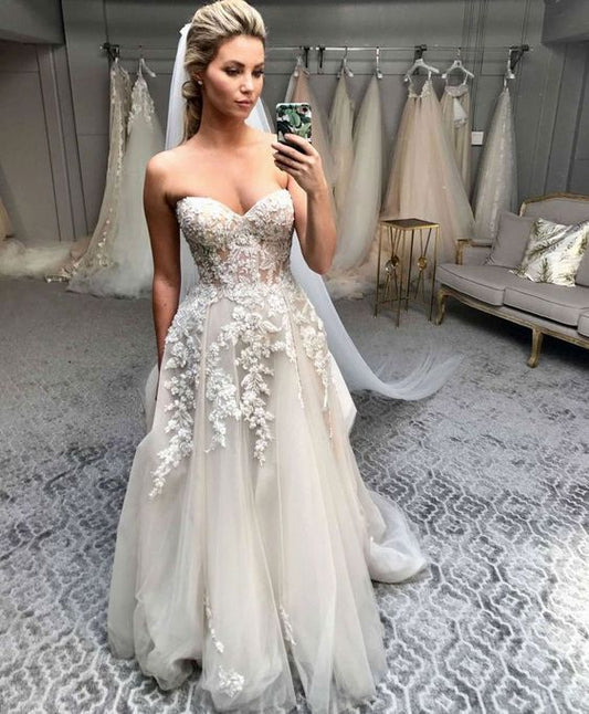 Sweetheart Tulle Wedding Dresses Bridal Gown With Appliques Flowers    cg24887