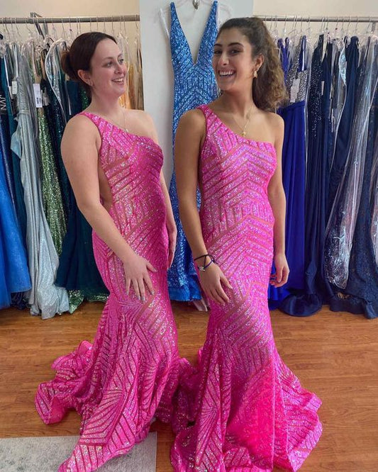 One Shoulder Mermaid Hot Pink Long Party Prom Dress    cg24877