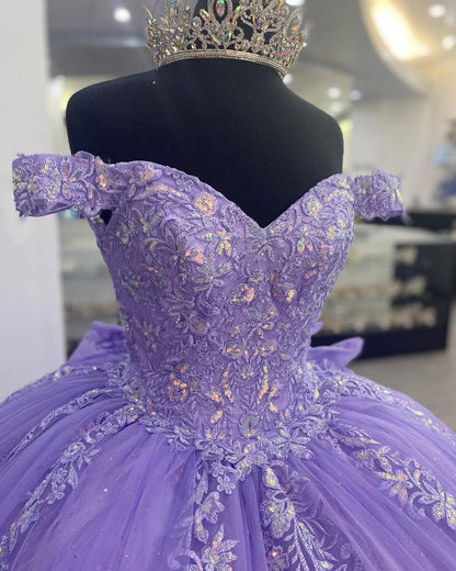Lilac Corset Mexican Quinceanera Dress Ball Gown Prom Dress ,Appliques Lace Birthday Party Dress  cg24978