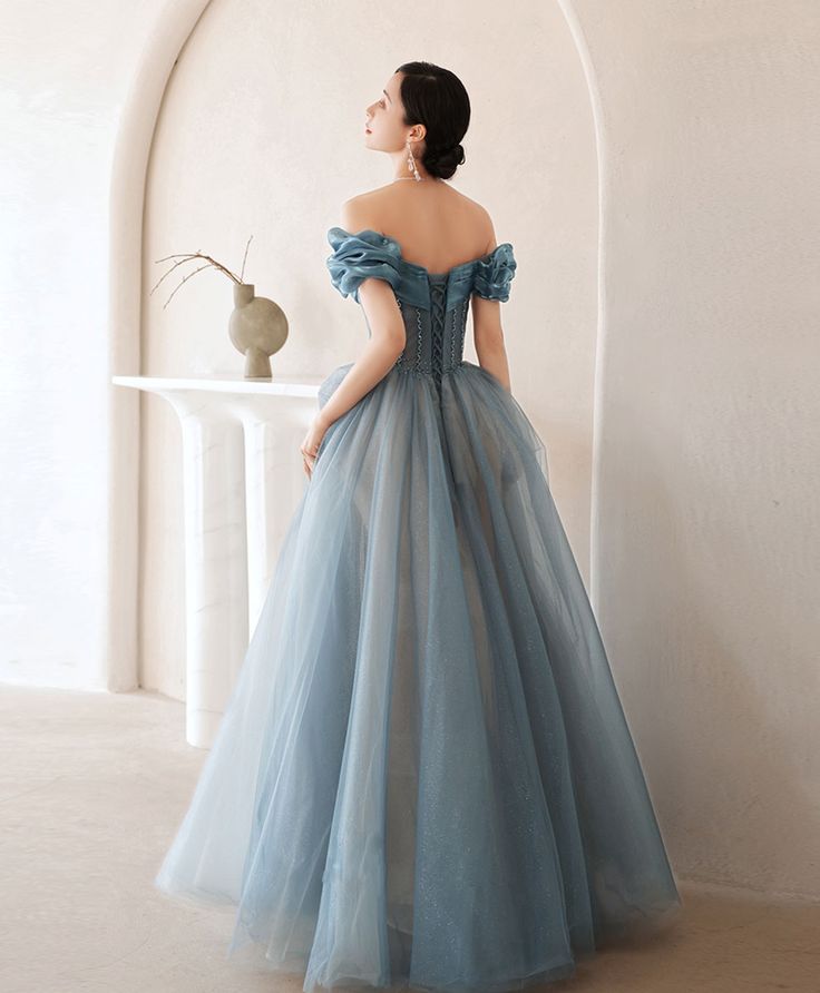 Blue Sweetheart Off Shoulder Tulle Long Prom Dress Blue Formal Dress    cg24989