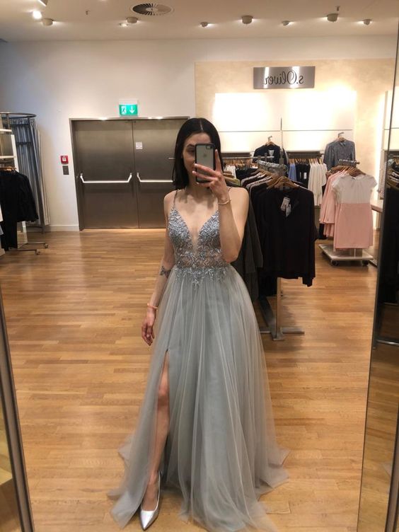 Gray prom dress  A-line Evening Dress    cg24977