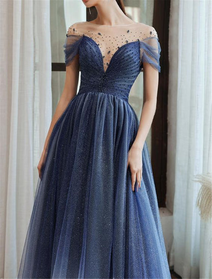 Blue Starry Prom Dress Glitter Evening Dress Deep V Bridal Dress    cg24947