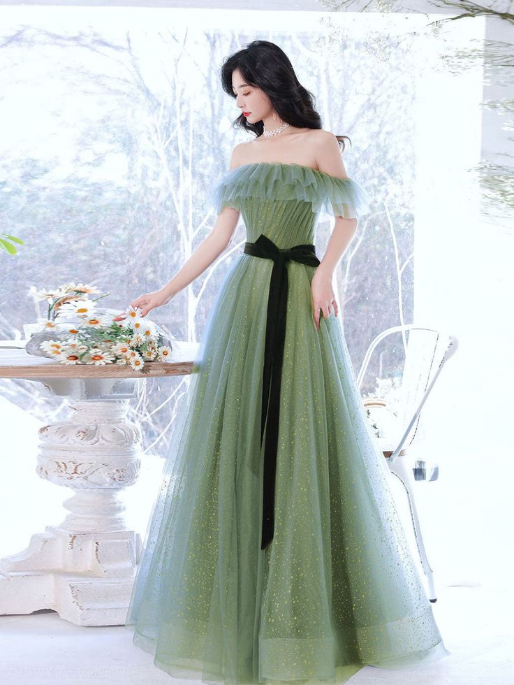 A line Green Long Prom Dresses, Green Tulle Formal Graduation Party Dress   cg24988