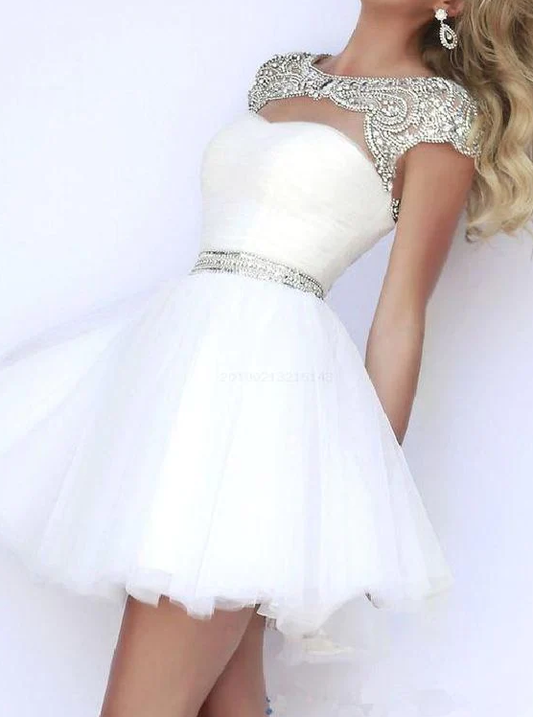 Luxurious White Cute Homecoming Dresses Beading Cap Sleeves Homecoming Dress,Cute Dress cg1390