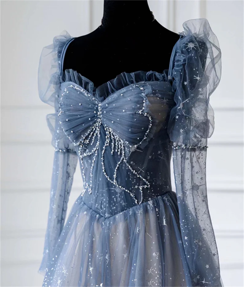 Blue prom dress long Fairy ball gown dress Long sleeves prom dress Sparkle rhinestone dress Romantic star print evening dress     cg24826