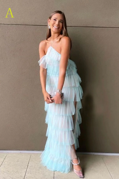 New Style Halter Ruffles Tulle Prom Dress With Slit,Charming Long Party Dress  cg24858