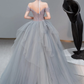 Gray sweetheart neck tulle long prom dress, gray evening dress      cg24834