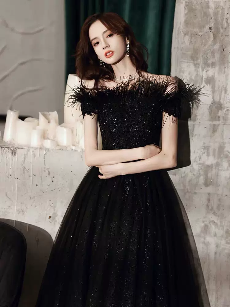 BLACK TULLE BEADS LONG A LINE PROM DRESS EVENING DRESS    cg21506